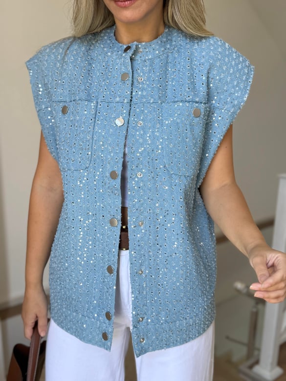 Pul İşlemeli Denim Yelek