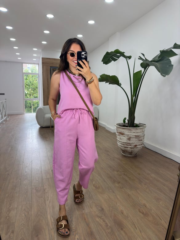 Şalvar Pantolonlu Keten Takım-Pembe