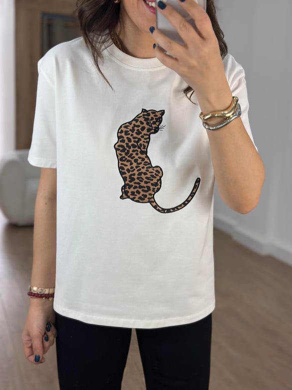 Saten Leopar Baskılı Tshirt - Beyaz