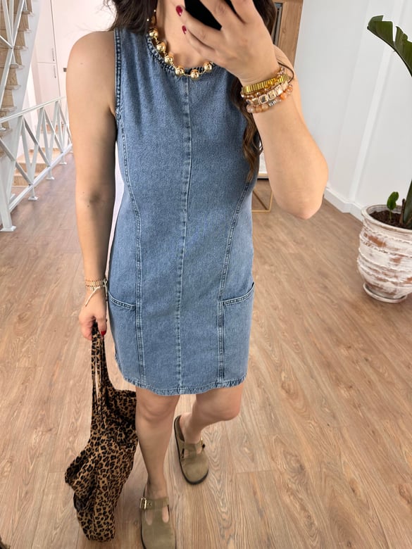 Sıfır Kol Cepli Denim Elbise