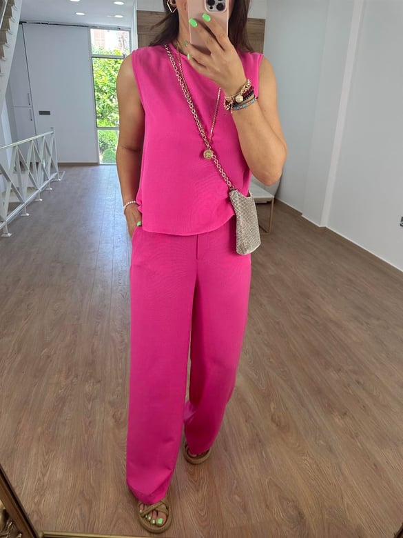 Sıfır Kol Keten Takım-Pembe