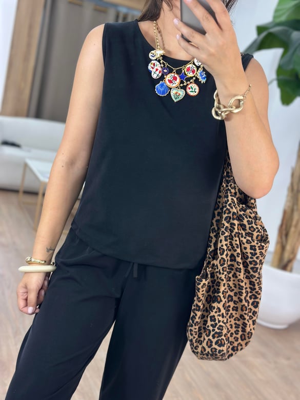 Sıfır Kol Modal Pantolon Bluz Takım - Siyah