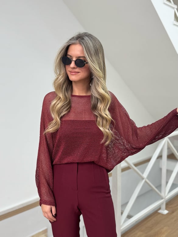 Simli Ajurlu Bluz - Bordo
