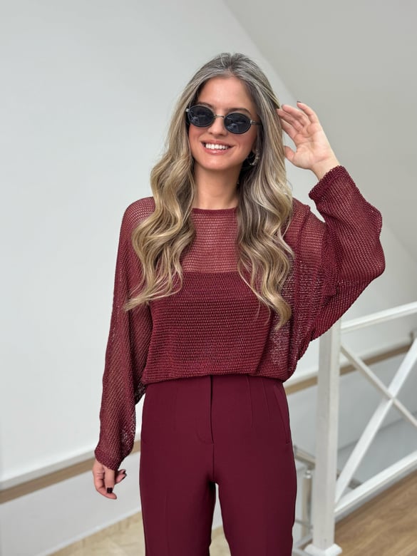 Simli Ajurlu Bluz - Bordo