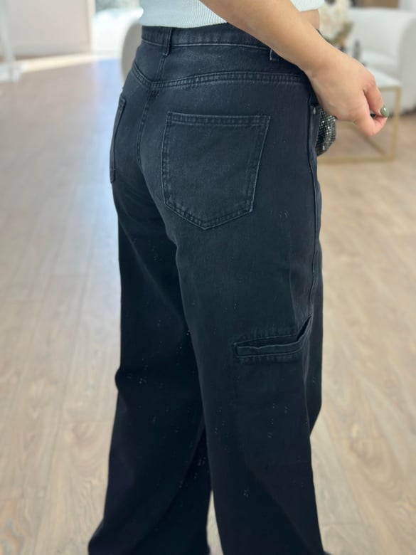 Siyah Yıkamalı Kargo Cepli Jean