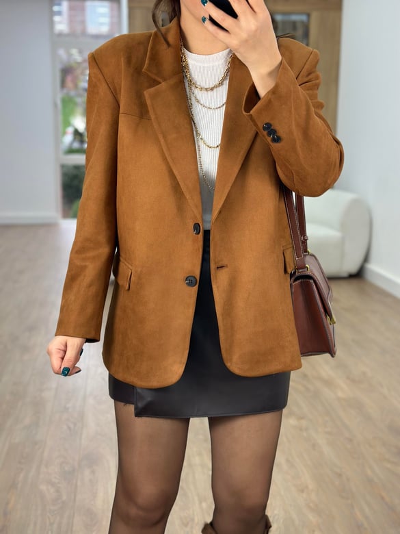 Süet Blazer Ceket-Camel