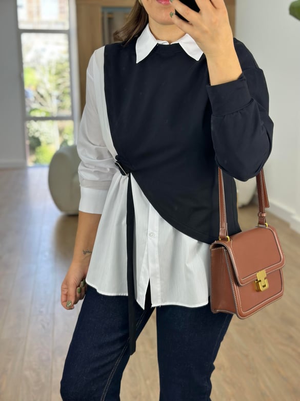 Sweat Detaylı Yandan Kemerli Poplin Gömlek