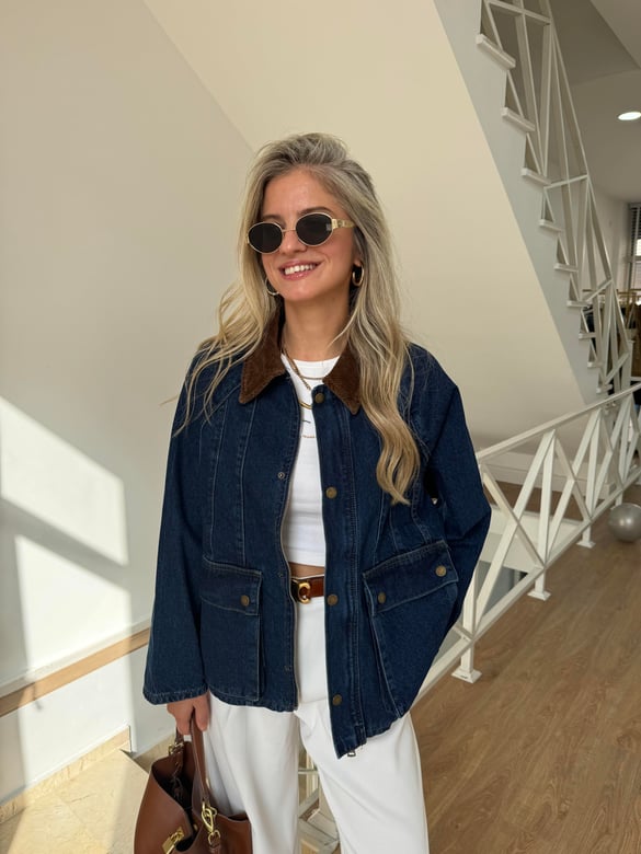 Taba Kadife Yakalı Denim Ceket