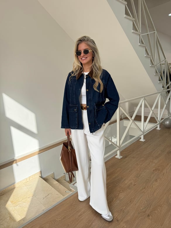 Taba Kadife Yakalı Denim Ceket