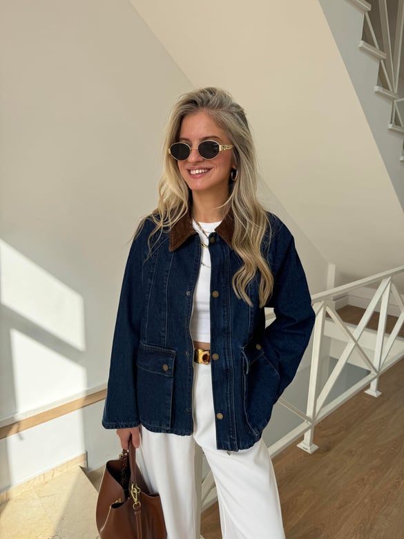Taba Kadife Yakalı Denim Ceket