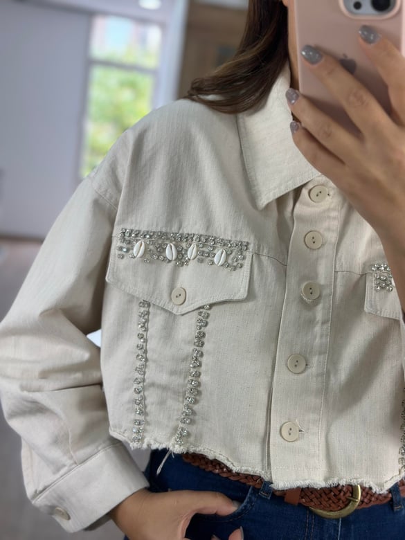 Taşlı Ve Midye Detaylı Gabardin Ceket