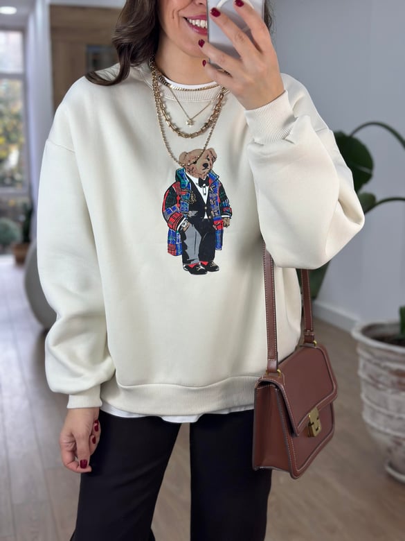 Teddy Baskılı Swetshirt - Ekru