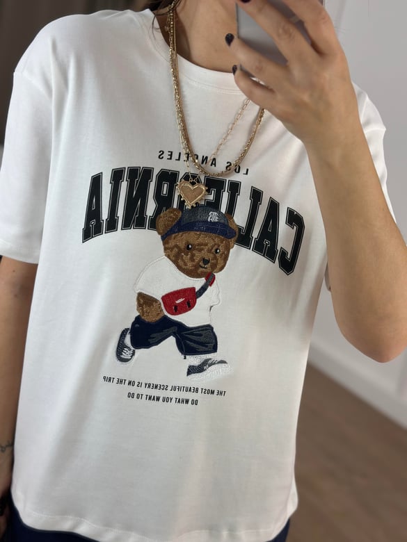 Teddy California Baskılı Basic Tshirt - Beyaz