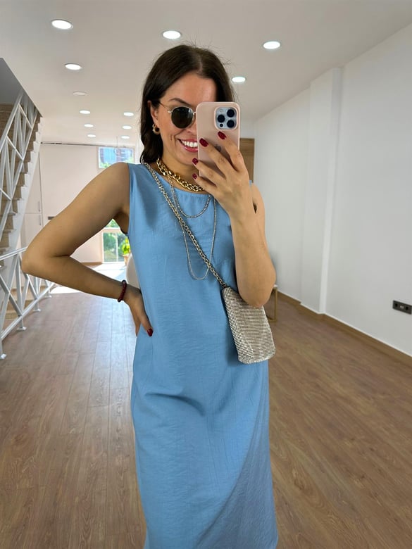 Tnsel Kumaş Uzun Çan Elbise-Mavi