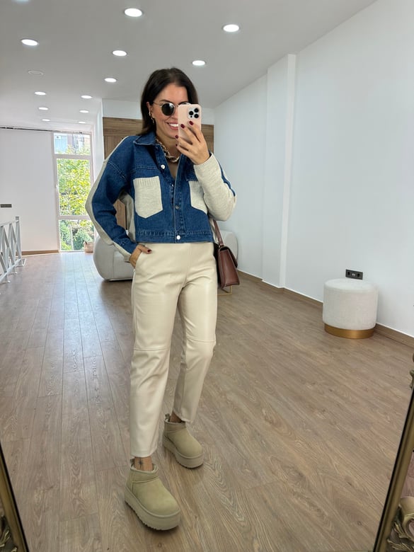 Triko Detaylı Denim Ceket