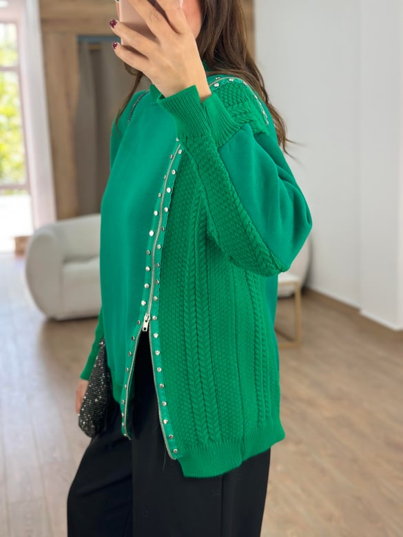 Triko Garnili Fermuar Detaylı İçerisi Şardonlu Sweatshirt-Yeşil