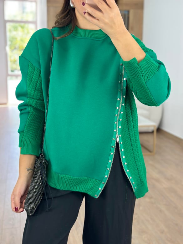 Triko Garnili Fermuar Detaylı İçerisi Şardonlu Sweatshirt-Yeşil