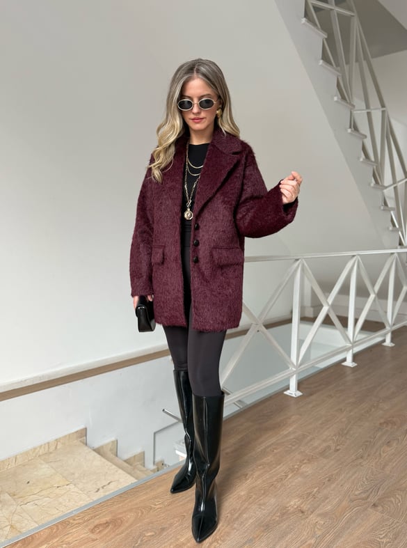 Tüylü Kaşe Kaban - Bordo