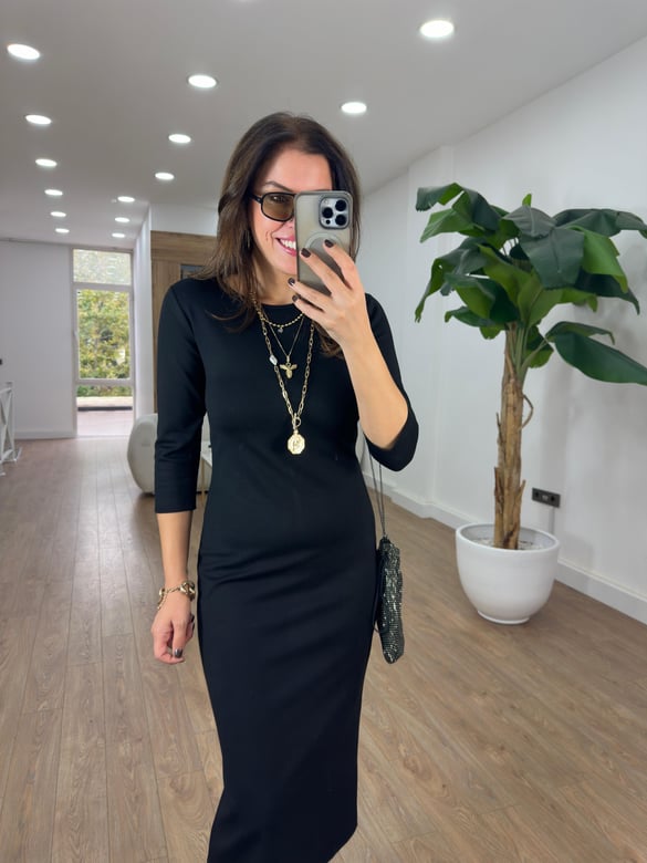 Uzun Bisiklet Yaka Likralı Basic Elbise - Siyah