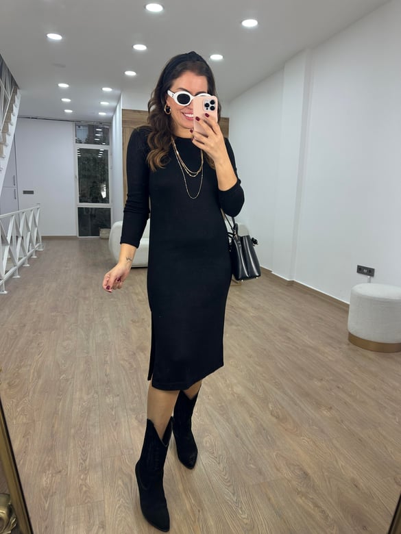 Uzun Kol Yumuşacık Triko Elbis-Siyah