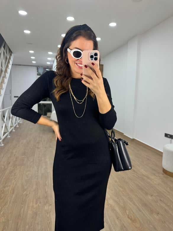 Uzun Kol Yumuşacık Triko Elbis-Siyah