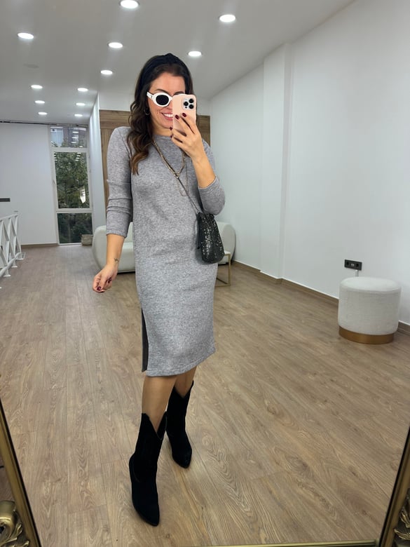 Uzun Kollu Yumuşacık Triko Elbise-Gri