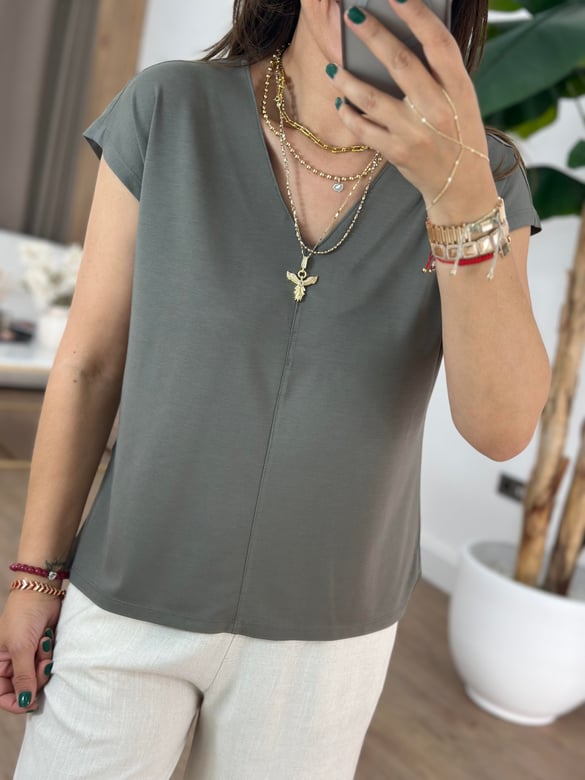 V Yaka Önü Dikişli Modal Tshirt - Haki