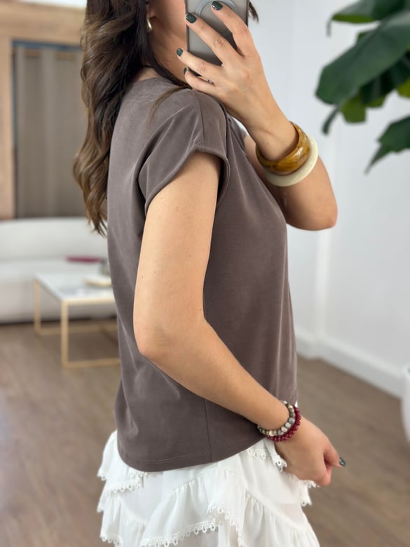 V Yaka Modal Basic Tshirt - Kahverengi