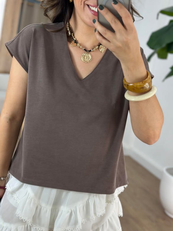 V Yaka Modal Basic Tshirt - Kahverengi