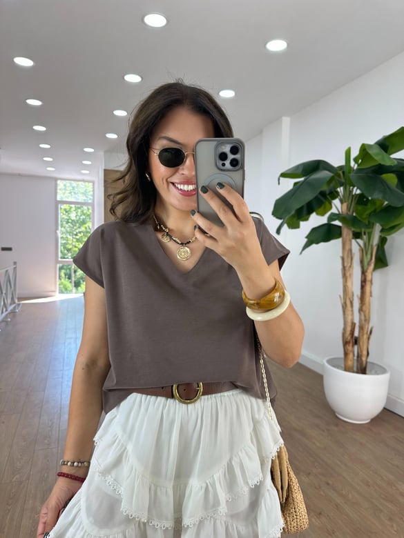 V Yaka Modal Basic Tshirt - Kahverengi