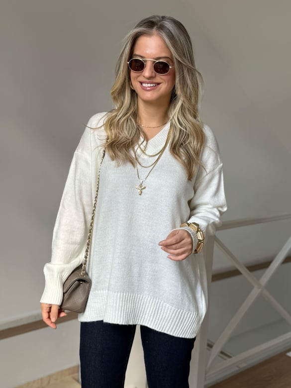 V Yaka Soft Triko Kazak - Ekru