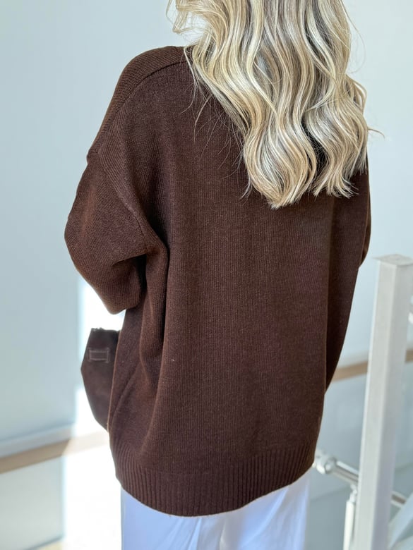 V Yaka Soft Triko Kazak - Kahverengi