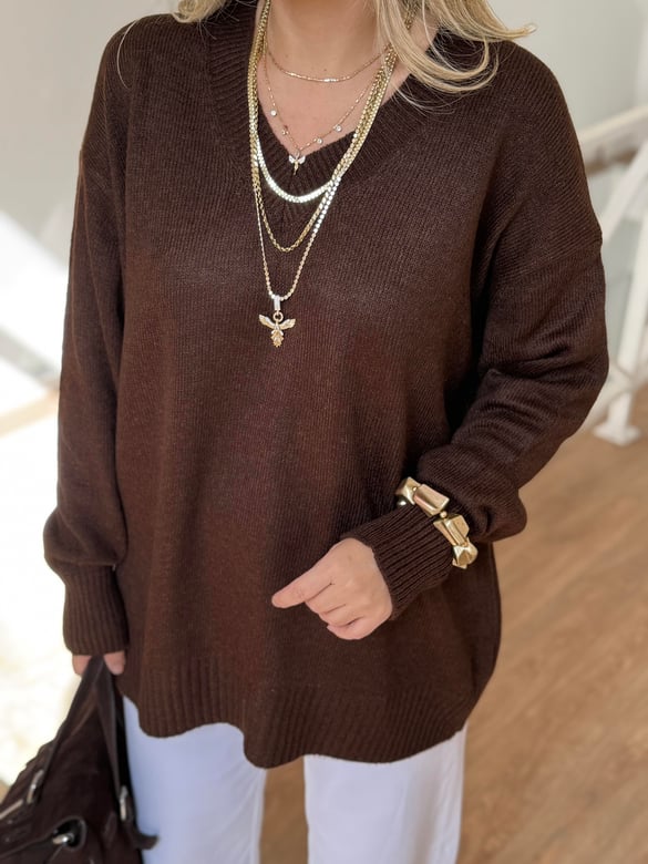 V Yaka Soft Triko Kazak - Kahverengi