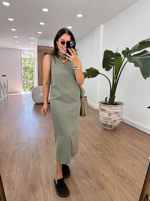 V Yaka Premium Tensel Elbise-Haki