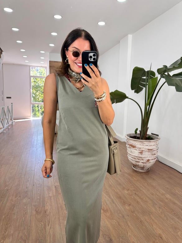 V Yaka Premium Tensel Elbise-Haki
