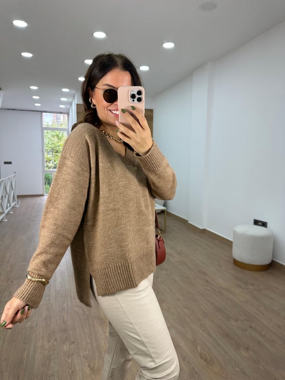 V Yaka Yandan Yırtmaçlı Basic Kazak-Camel