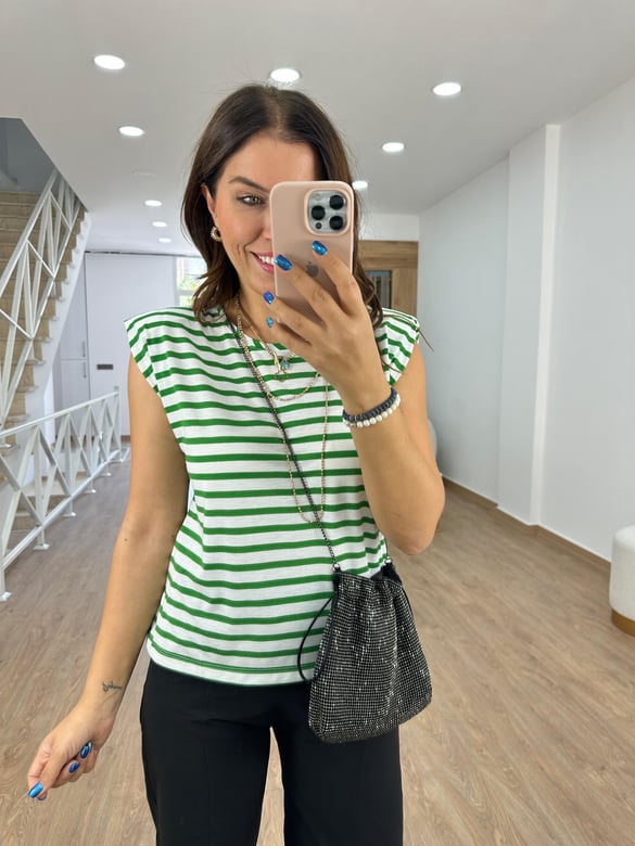 Vatkalı Çizgili Tişört-Yeşil