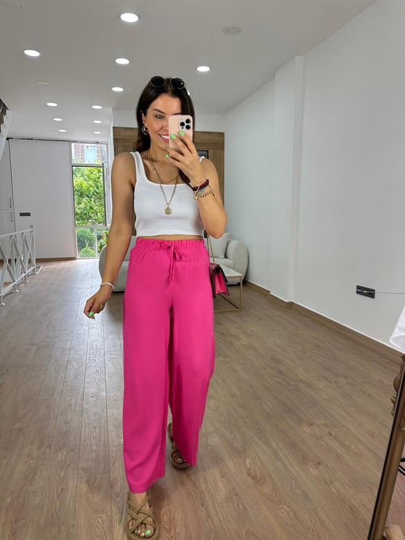 Viskon Kumaş Beli Lastikli Palazzo Pantolon-Pembe