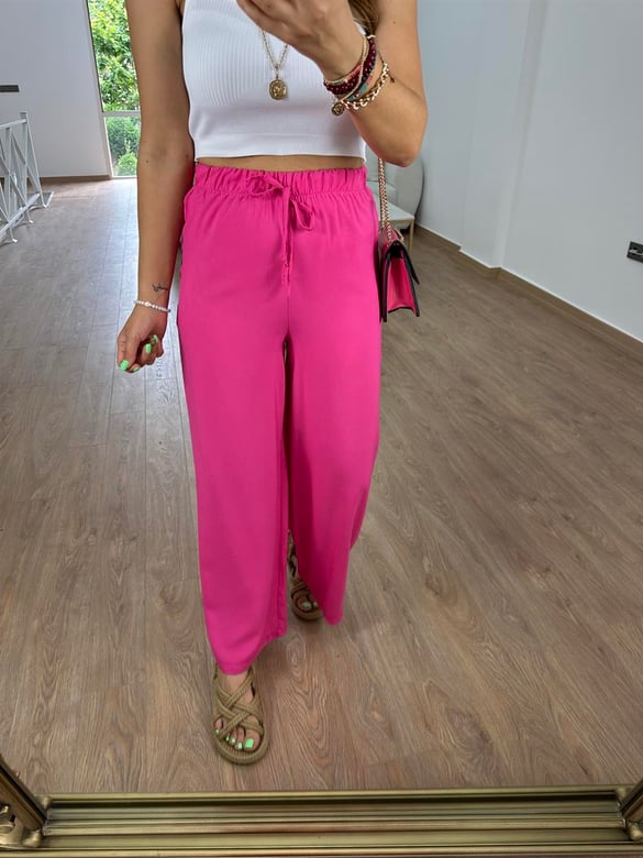 Viskon Kumaş Beli Lastikli Palazzo Pantolon-Pembe