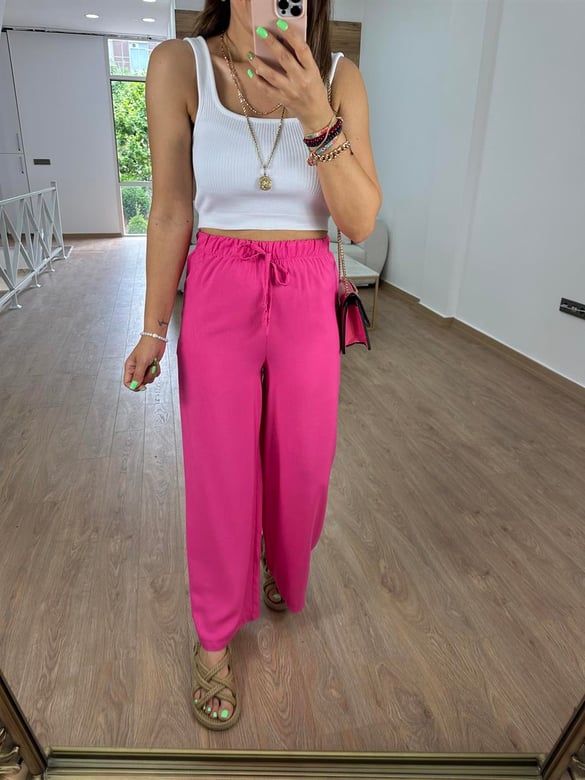 Viskon Kumaş Beli Lastikli Palazzo Pantolon-Pembe