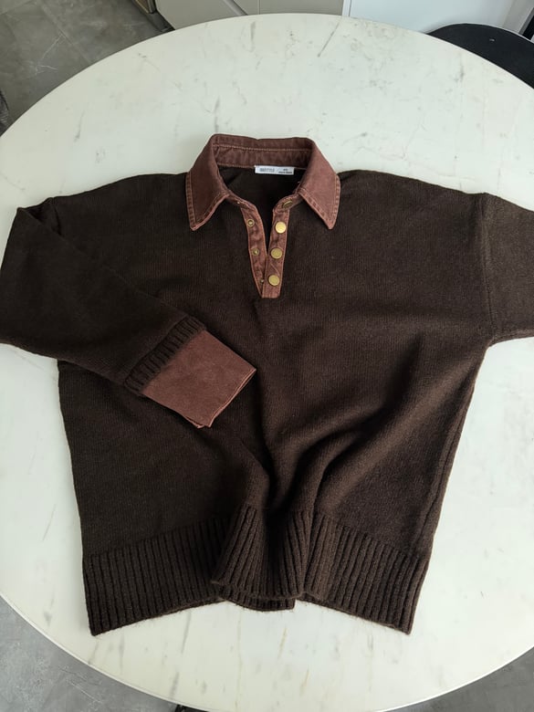 Yakası Denim Triko Kazak - Kahverengi