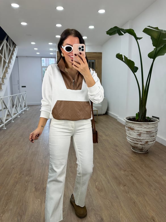 Yakası Fermuarlı Deri Garnili Sweatshirt-Vizon