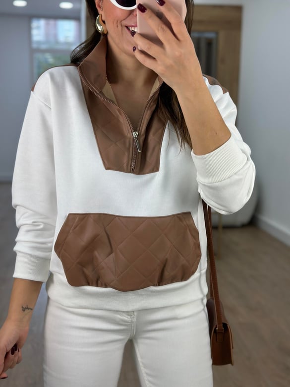 Yakası Fermuarlı Deri Garnili Sweatshirt-Vizon