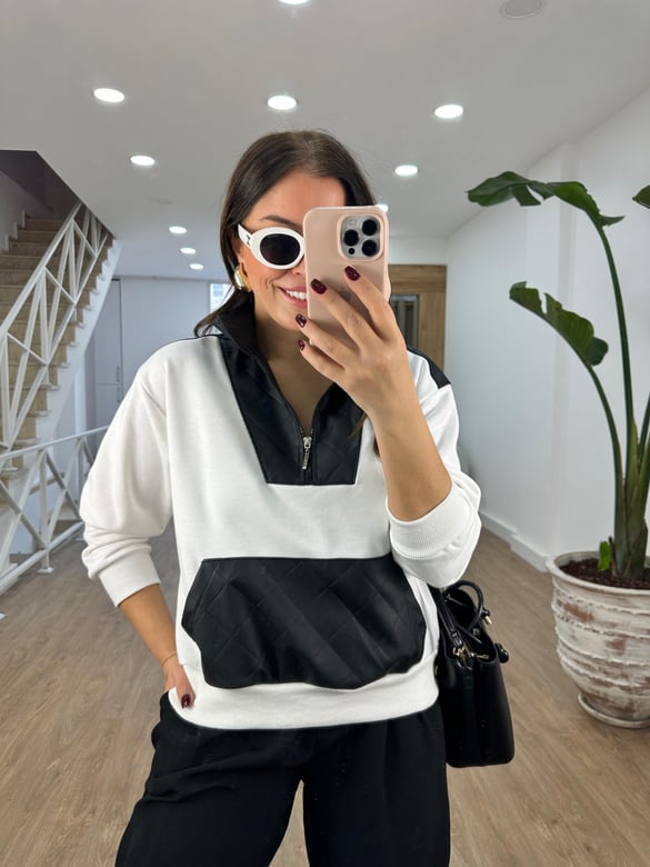 Yakası Fermuarlı Deri Garnili Sweatshirt-Siyah