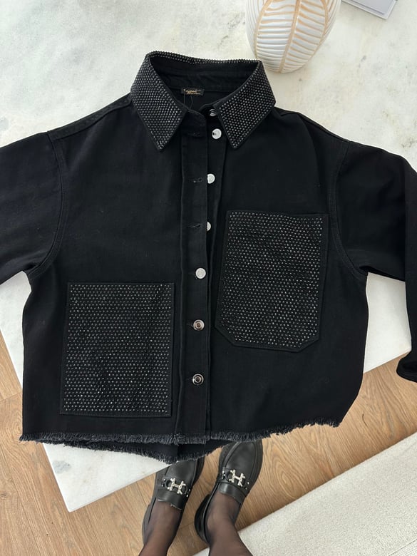 Yakası Ve Cepleri Taşlı Tasarım Denim Ceket