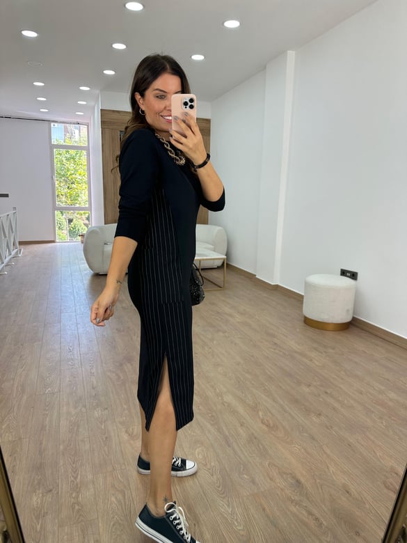 Yanı Cepli Çizgi Detaylı Sweat Elbise-Siyah