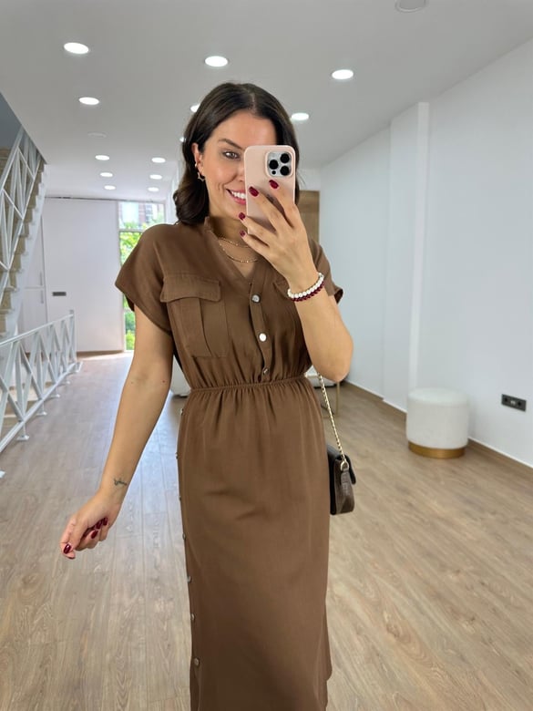 Yanı Çıtçıtlı Tasarım Keten Elbise-Kahve