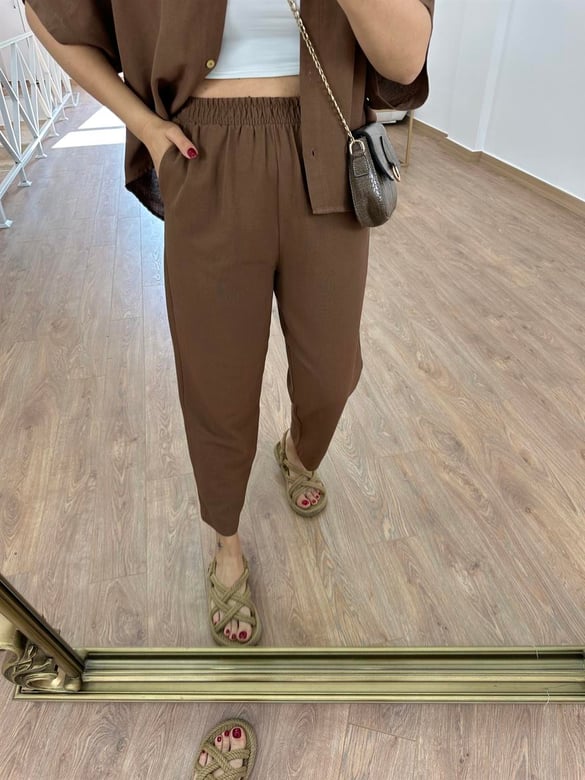 Yarasa Kol Naturel Keten Takım-Kahve