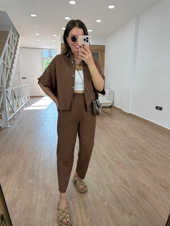 Yarasa Kol Naturel Keten Takım-Kahve