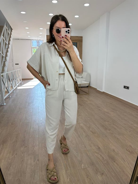 Yarasa Kol Naturel Keten Takım-Bej